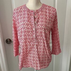 Talbots Red and White Floral Stripes &Polka Dots Popover Blouse